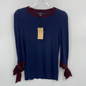 NEW HALOGEN Cashmere Blend  Knit Top Blue Tie Cuffs Lightweight Womens S Petite